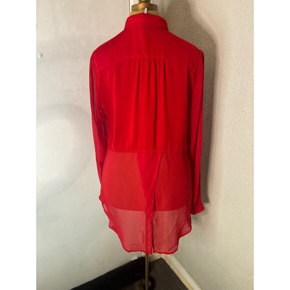 Free People Sheer Button Down Red Blouse M Cherry Girl Boho Coquette Twee - Picture 2 of 12